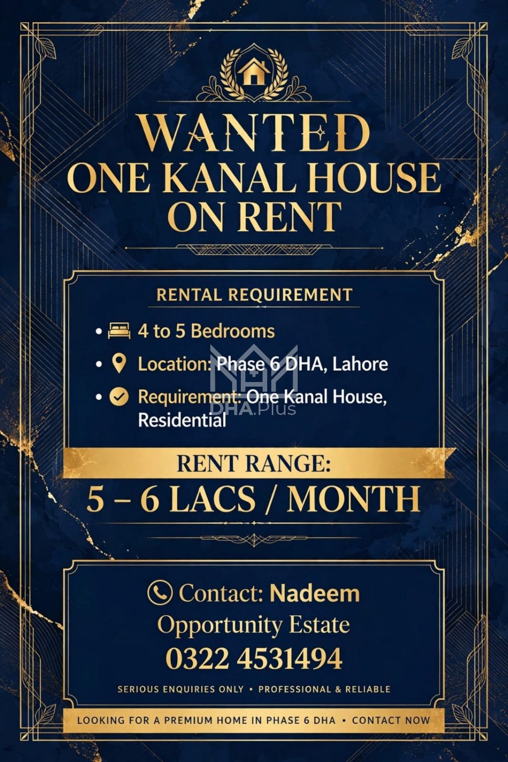 1 Kanal House required in Sector A, DHA Phase 6, Lahore - (ID-29790)
