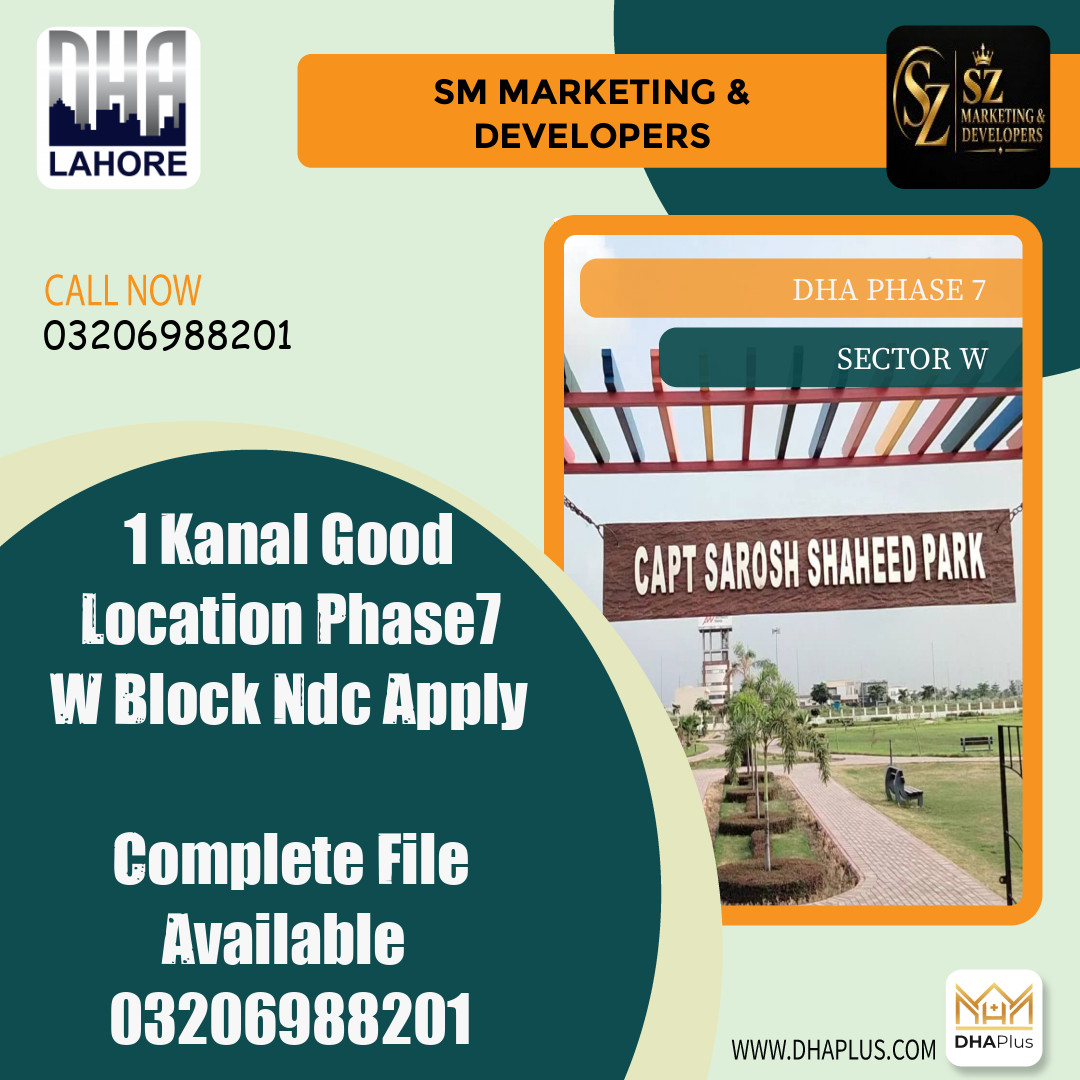 1 Kanal Residential Plot for Sale in Sector W, DHA Phase 7, Lahore - (BP-51189)