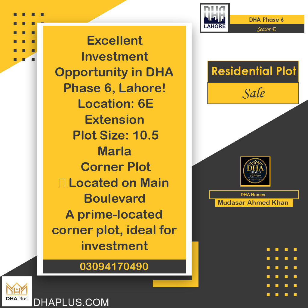 10.5 Marla Residential Plot for Sale in Sector E, DHA Phase 6, Lahore - (BP-51659)