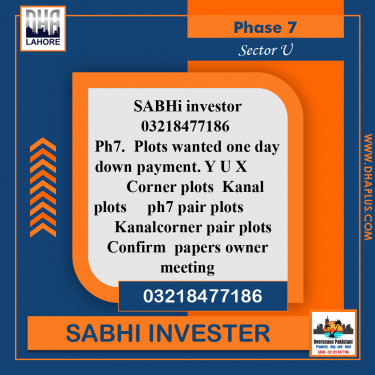 1 Kanal Required Residential Plot in Sector U -  Phase 7, Lahore - (DP-37370)
