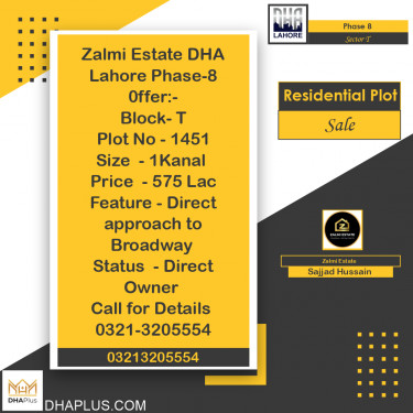 1 Kanal Residential Plot for Sale in Sector T -  Phase 8, Lahore - (DP-37549)
