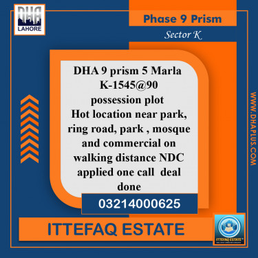 5 Marla Residential Plot for Sale in Sector K -  Phase 9 Prism, Lahore - (DP-37757)