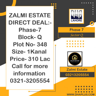 1 Kanal Residential Plot for Sale in Sector Q -  Phase 7, Lahore - (DP-37950)