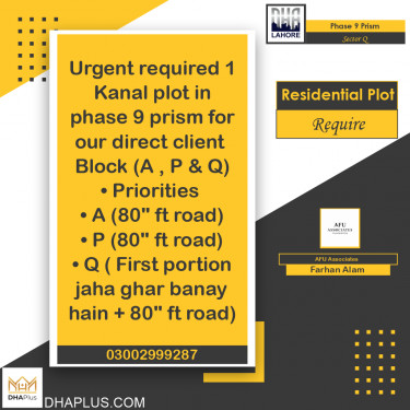 1 Kanal Required Residential Plot in Sector Q -  Phase 9 Prism, Lahore - (DP-38053)