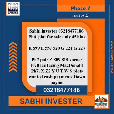 1 Kanal Required Residential Plot in Sector Z -  Phase 7, Lahore - (DP-38526)