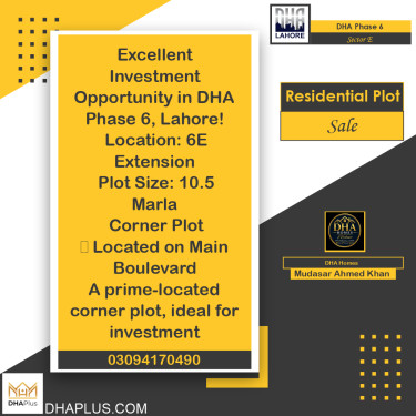 10.5 Marla Residential Plot for Sale in Sector E, DHA Phase 6, Lahore - (BP-51659)